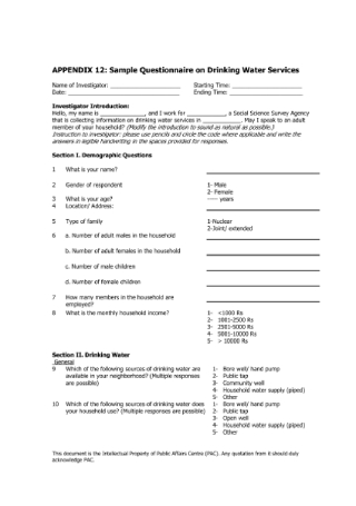 Questionnaire on Drinking Water Services