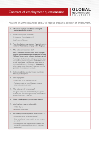 Contract of Employment Questionnaire