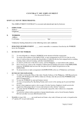 Employment Contract for Household Workers
