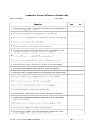 Independent Contractor or Employee Questionnaire