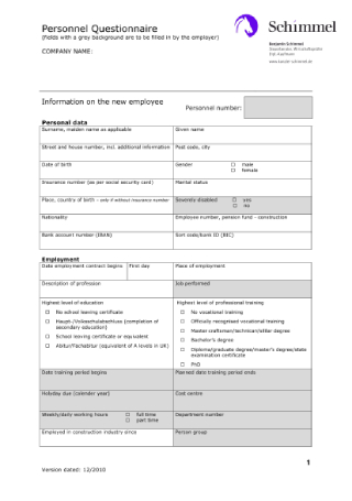Simple Personnel Questionnaire