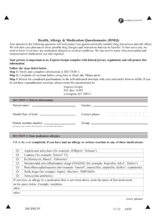 Consumer Health Allergy and Medication Questionnaire