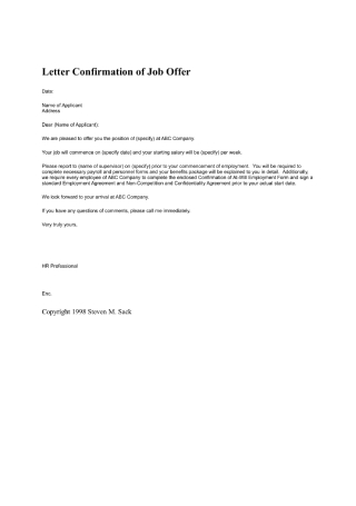 Letter Confirmation of Job Offer