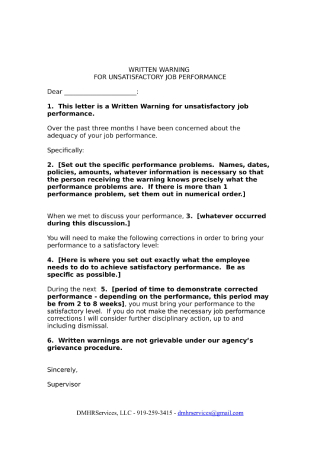 Warning Letter for Unsatisfactory Job Performance