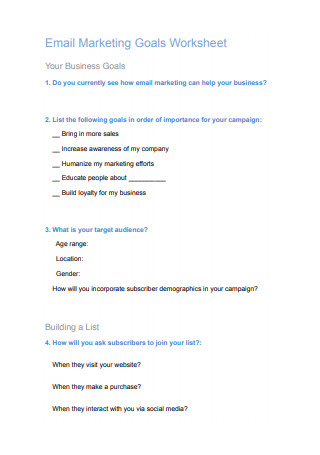 Email Marketing Goals Worksheet Sample