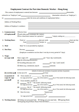 Employment Contract for Part Time Domestic Worker