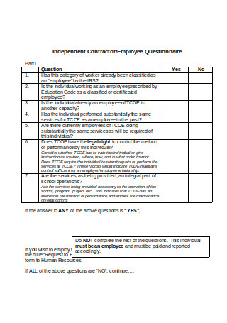 Independent Contractor Employee Questionnaire