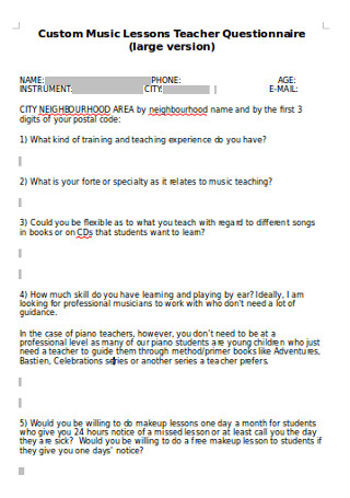 Music Lessons Teacher Questionnaire