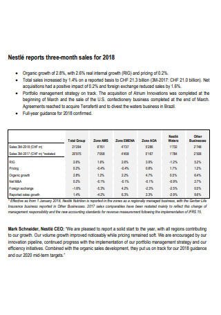 Nestle Reports Three Month Sales