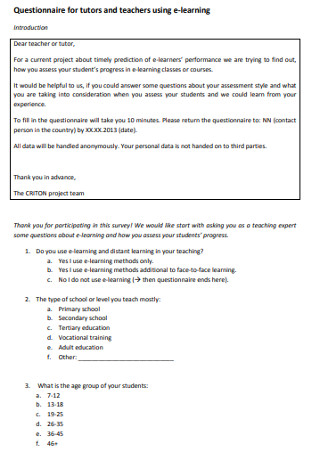 Questionnaire for Tutors and Teachers