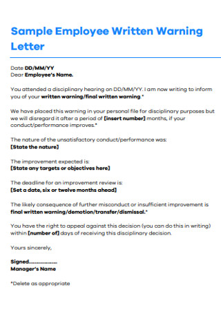 Sample Employee Written Warning letter