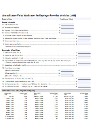 Annual Lease Value Worksheet for Employer