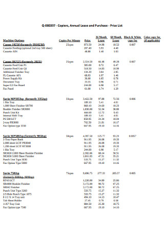 Annual Lease and Purchase Price List