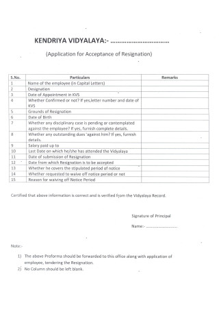 Application for Acceptance of Resignation