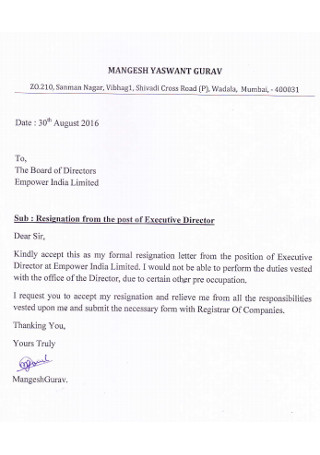 Board Executive Director Resignation Letter