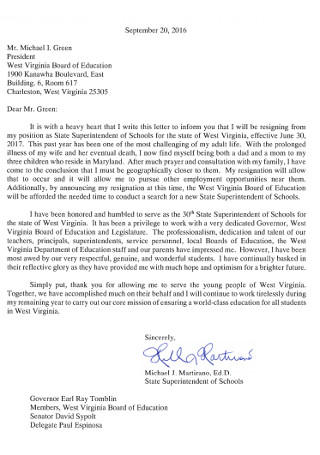 Board of State School Superintendent Resignation Letter