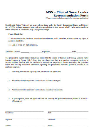 Clinical Nurse Leader Recommendation Form
