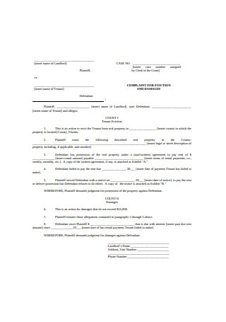 Complaint Form for Eviction and Damages