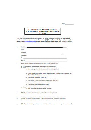 Confidential Questionnaire for Business Development Review at ATM