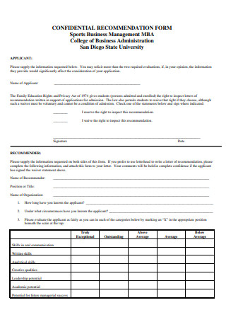 Confidential Recommendation Form for MBA 