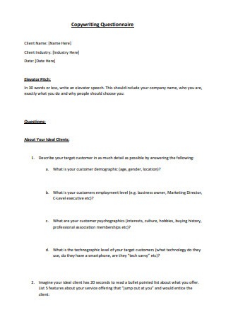 Copy Writing Questionnaire