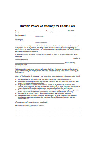 Durable Power of Attorney for Health Care