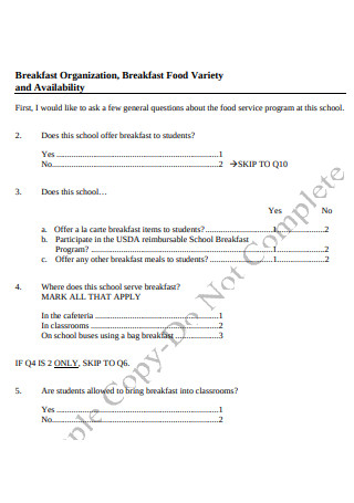 Food Service School Questionnaire 