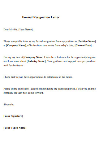 Formal Email Resignation Letter