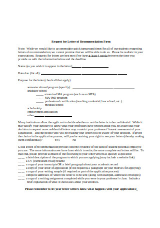 Graduate School Request for Letter of Recommendation Form