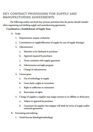 Key Contract Provisions For Supply Manufacturing Agreement