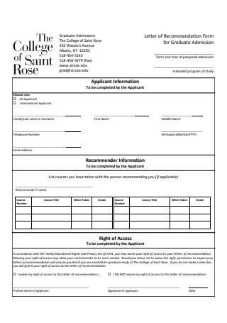 Letter of Recommendation Form for Graduate Admission