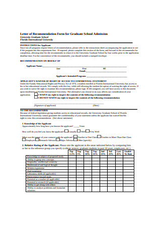 Letter of Recommendation Form for Graduate School Admission