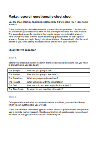 Market Research Questionnaire Cheat Sheet in PDF