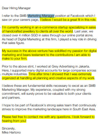 Marketing Manager Cover Letter