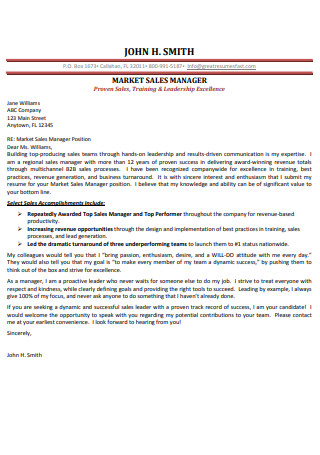 Marketing Sales Manager Cover Letter