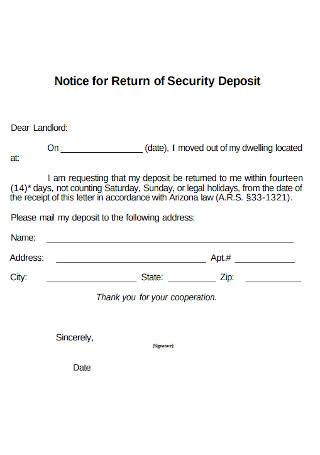 Notice Letter for Return of Security Deposit