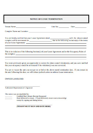 Notice of Lease Termination Letter from Landlord to Tenant