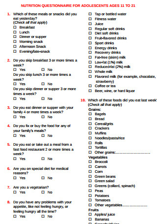Nutrition Food Questionnaire For Adolescents 