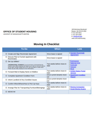 Office Student Houseing Move in Checklist 