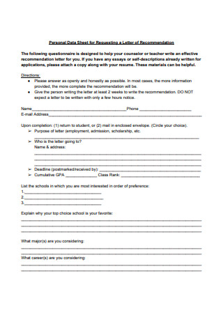 Personal Data Sheet for Requesting a Letter of Recommendation