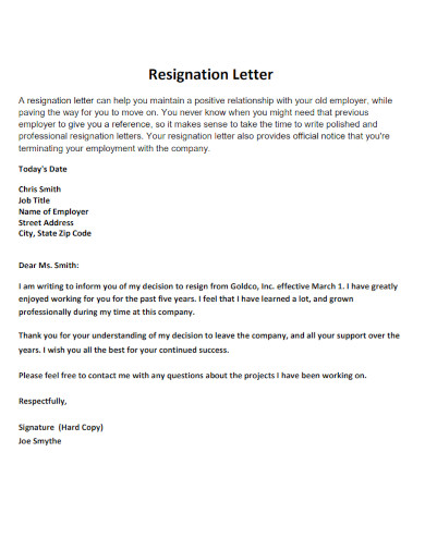 Professional Resignation Letter Example