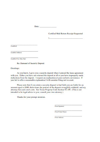 Property Security Deposit Return Letter