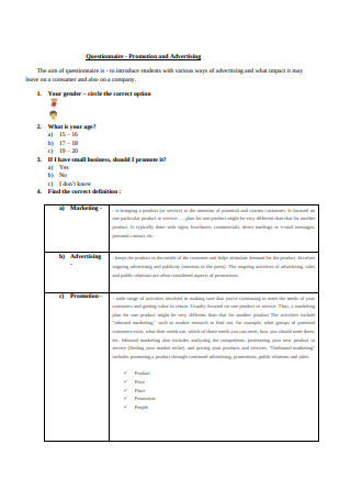 Questionnaire for Promotion and Advertising