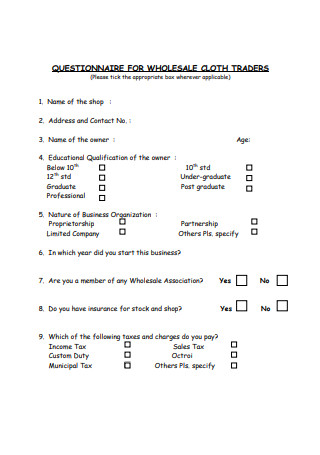 Questionnaire for Wholesaler