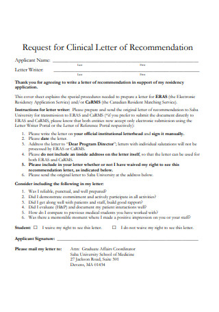Request for Clinical Letter of Recommendation