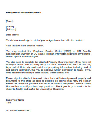 Resignation Acknowledgement Letter