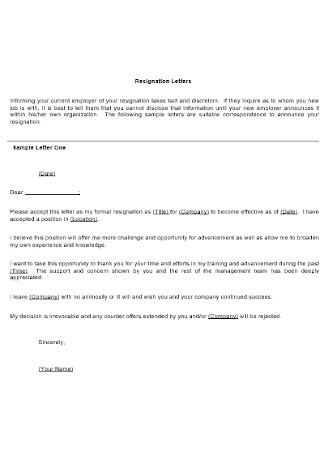 Resignation Letter Sample One