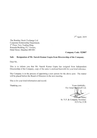 Resignation Letter to Directorship of the Company