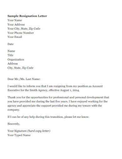 Resignation Sample Letter