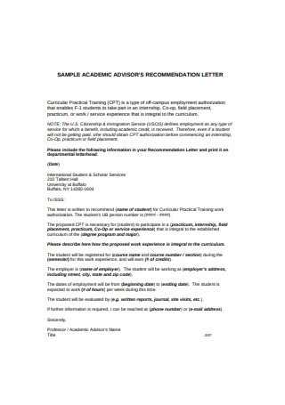 Sample Academic Advisor Recommendation Letter
